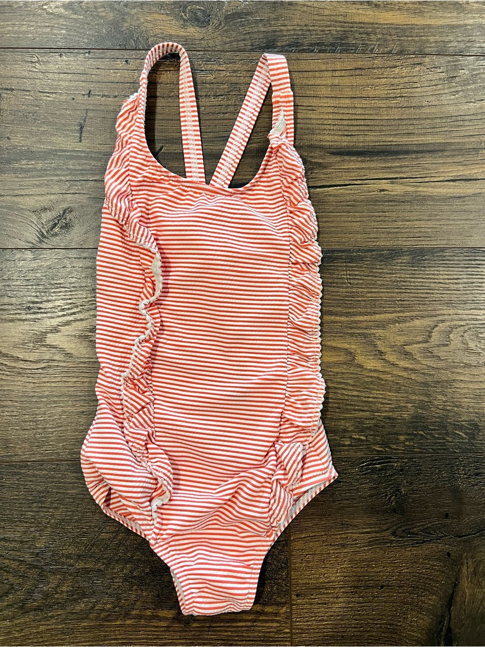 Mini Boden Coral and White Striped Ruffle Swimsuit